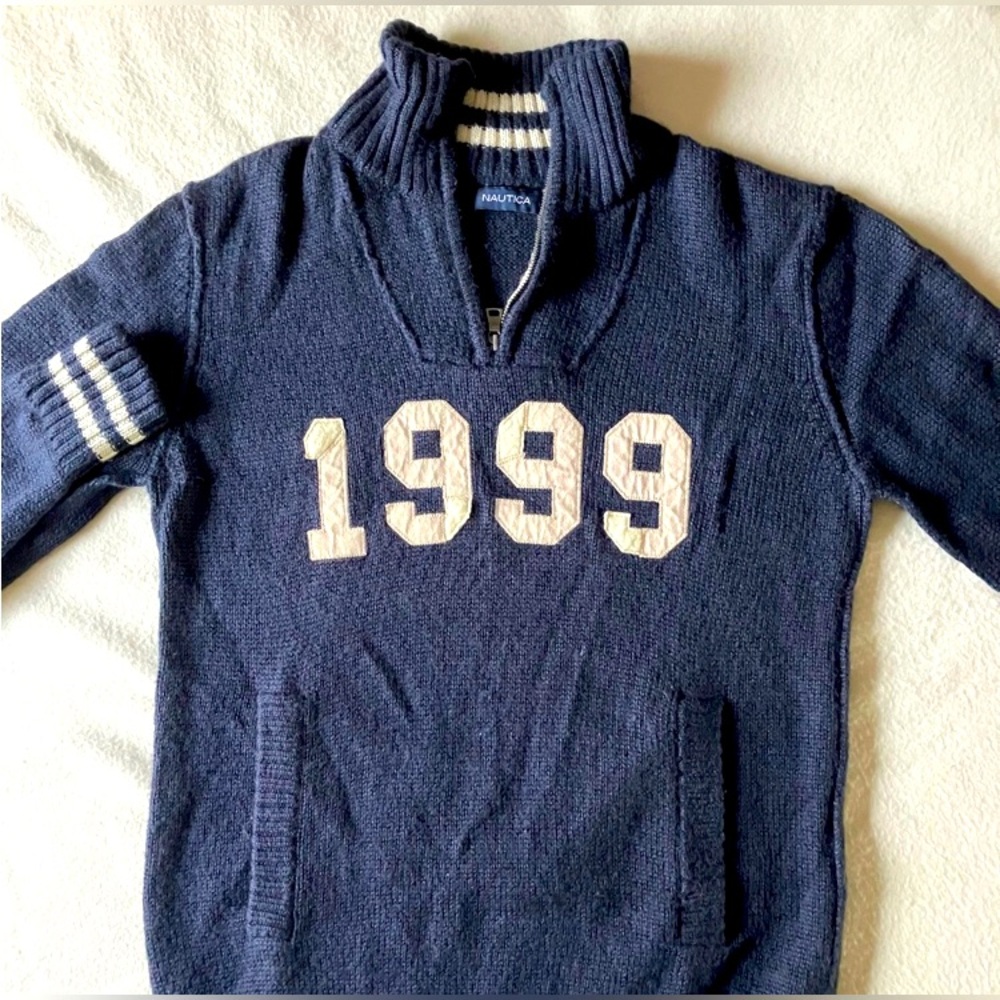 Nautica Navy Zip-Up Sweater with Cream '1999' Patch